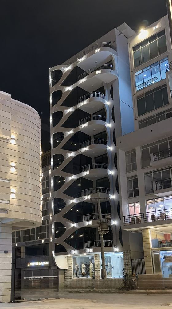 The Benesan Apartments lit at night on Namibia Street, its facade cast in a repeating leaf pattern